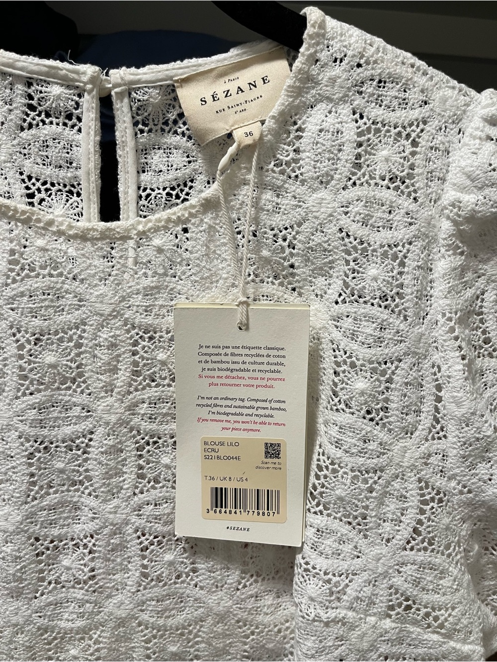 Sezane White Lace Short Sleeve LILO Blouse - Picture 6 of 8